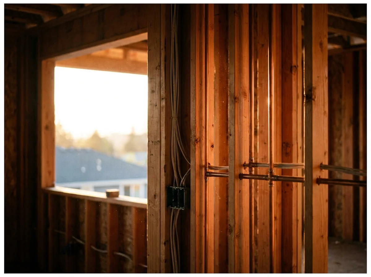 Timber wall framing with copper pipes and electrical runs visible before plastering