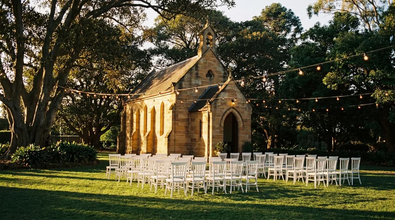 Garden wedding venue at golden hour with rows of chairs and festoon lights