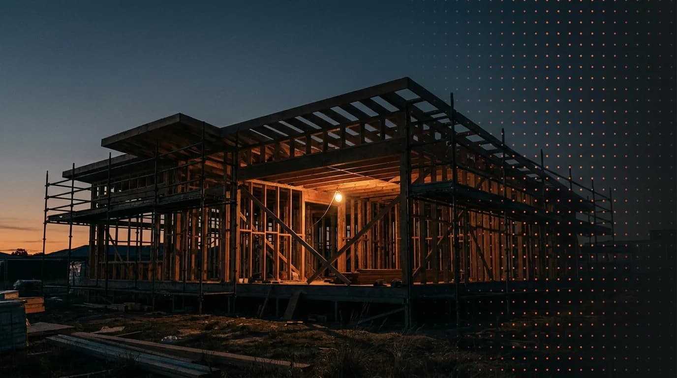 Timber-framed house under construction at dusk, dissolving into a grid of glowing points